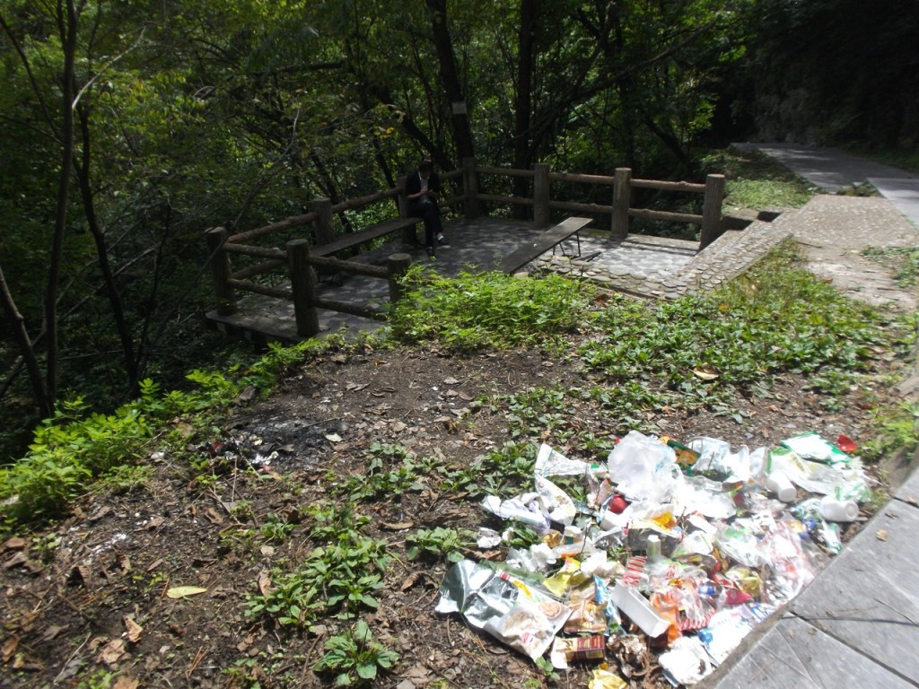 Cleaners gathering rubbish left by tourists in the mountains
